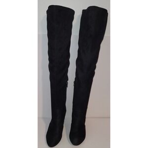 Streetwear Society Sz7 Black Over the Knee Faux‎ Suede Block Heel Boots Stretchy